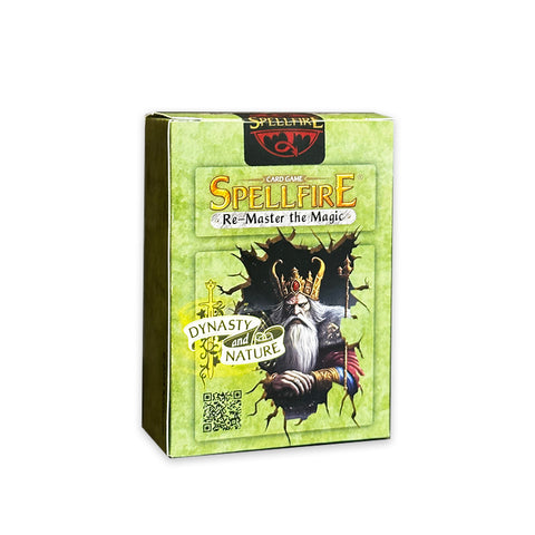 Kortų žaidimas Spellfire žalia dėžutė „Dynasty and Nature“, priekiniu kampu matomas išleistas papildymas kolekcijai