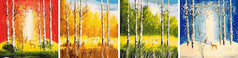 sezoninis beržų drobių rinkinys – keturios 30×30 cm drobės su pavasario, vasaros, rudens ir žiemos spalvomis, skirtos sienai