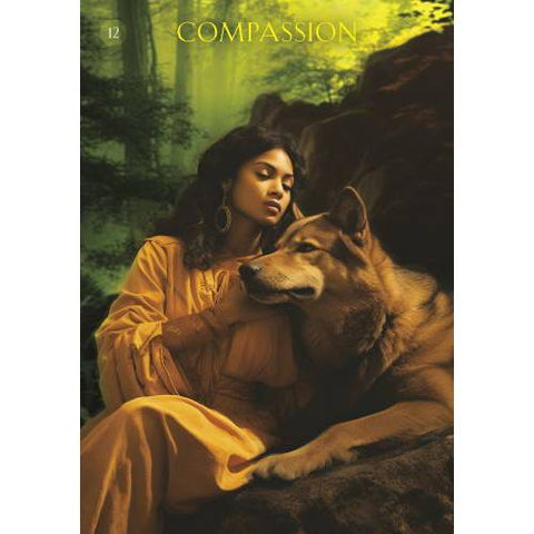 tarot korta Compassion: moteris geltonoje suknelėje glosto didelį vilką miško fone, perteikianti užuojautą ir ramybę