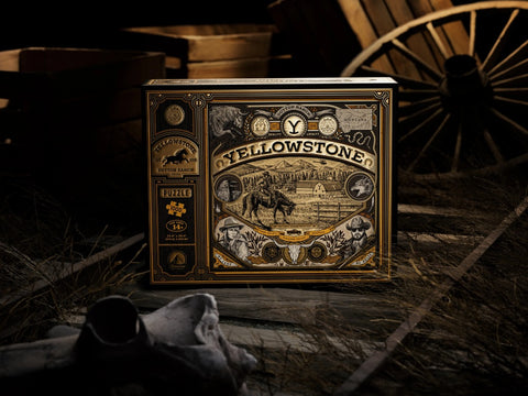 Dėlionė Yellowstone, 1000 dalių, prabangus retro rančo dizainas priekyje, centrinis rėmas su auksiniais akcentais