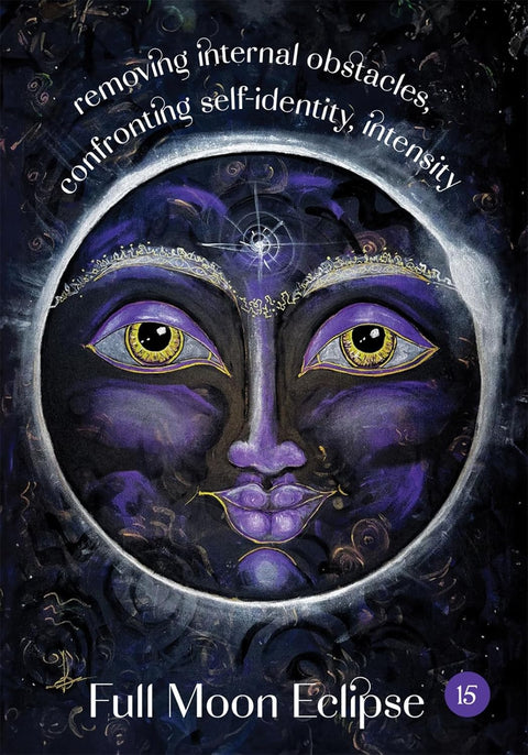 Full Moon Eclipse taro korta su violetine mėnulio veido iliustracija, auksinėmis akcentų linijomis ir numeriu 15