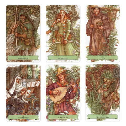 Tarot kortos Robin Hood kolekcija — galerijos peržiūrai: šeši žemės tonų dizainai su pagrindiniais personažais