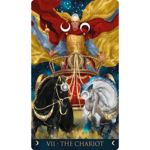 Tarot korta VII Vežimas — iliustruota korta su auksine šarvuota figūra, raudona ir geltona mantija bei juodu ir baltu žirgu