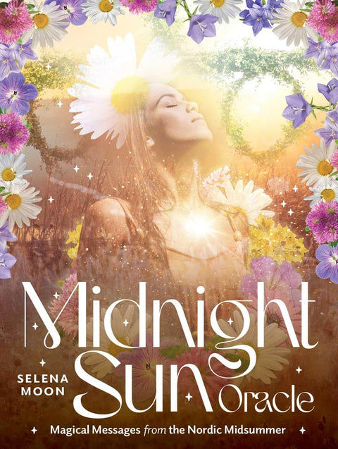 Orakulo kortos Midnight Sun Selena Moon — švelnios pastelinės gėlės ir saulės nutviekstas moters siluetas ant viršelio
