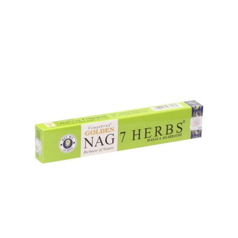 Smilkalai Golden Nag 7 Herbs žalia dėžutė 15 g, masala aromatas, priekinis kampinis rodinys su ryškiu prekės ženklu