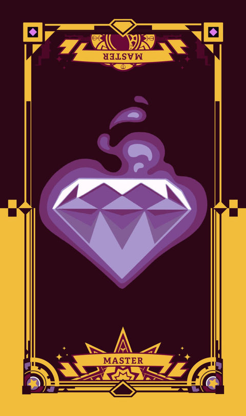 Plakatas su violetiniu deimantu ir dūmų efektu, aukso rėmas ir „MASTER“ emblema, vertikalus žaidimų stiliaus dizainas