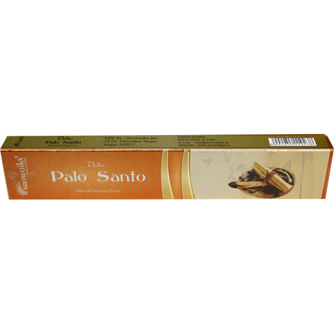 Palo Santo smilkalai Aromatika, ilgą oranžinę pakuotę rodantis šoninis kampas su smilkalų lazdelėmis ir brūkšniniu kodu
