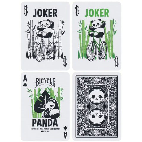 Bicycle Panda kortos su žaliais akcentais, keturi dizainai: du džokeriai, tūzas ir nugarėlė