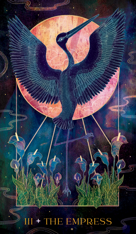 tarot korta Imperatorė su tamsiai mėlyna gervės iliustracija prieš rožinį mėnulį, vertikalus galerijos variantas