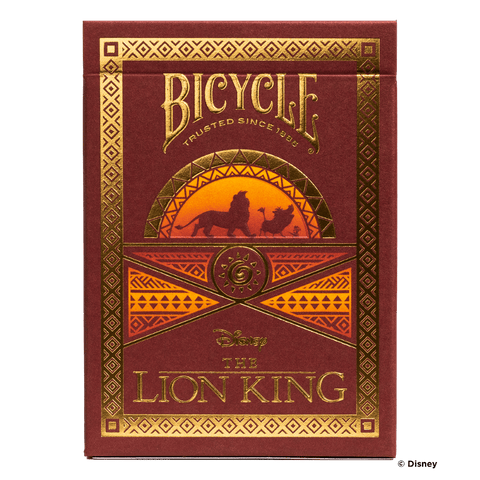 Bicycle žaidimo kortos Lion King leidimas, bordo dėžutė su auksiniais ornamentais ir liūtų siluetais