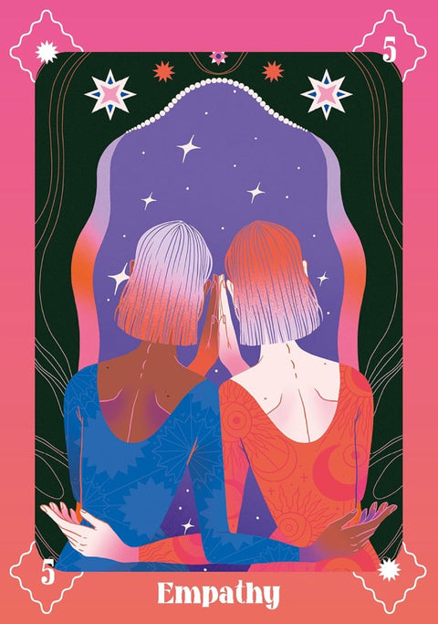 Tarot korta Empathy: ryškiaspalvė rožinė–violetinė iliustracija su dviem susiglaudusiais figūromis ir žvaigždėmis, pažymėta skaičiumi 5