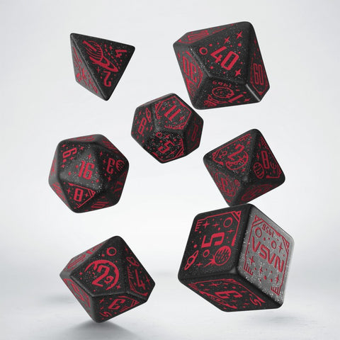 Kosmoso RPG kauliukų rinkinys, 7 vnt – blizgi juoda, raudonos graviruotės