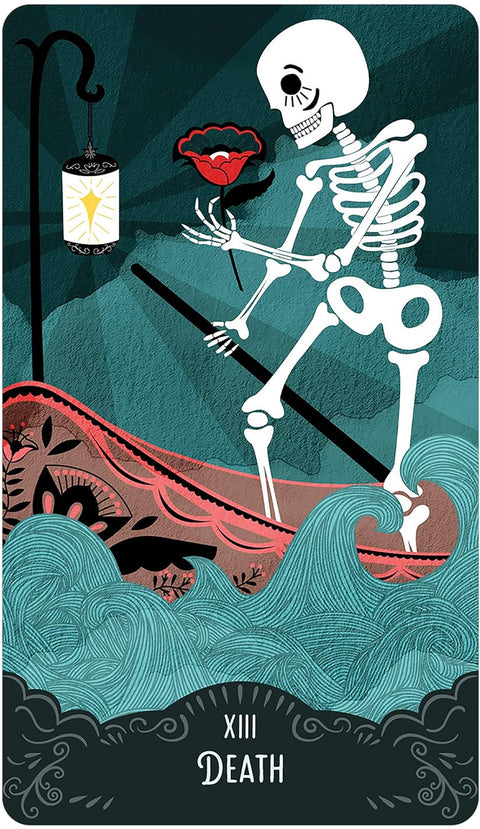 Taro korta „Death“ su baltu skeletu laive, raudona gėle ir turkio bangomis, kortos priekinis dizainas