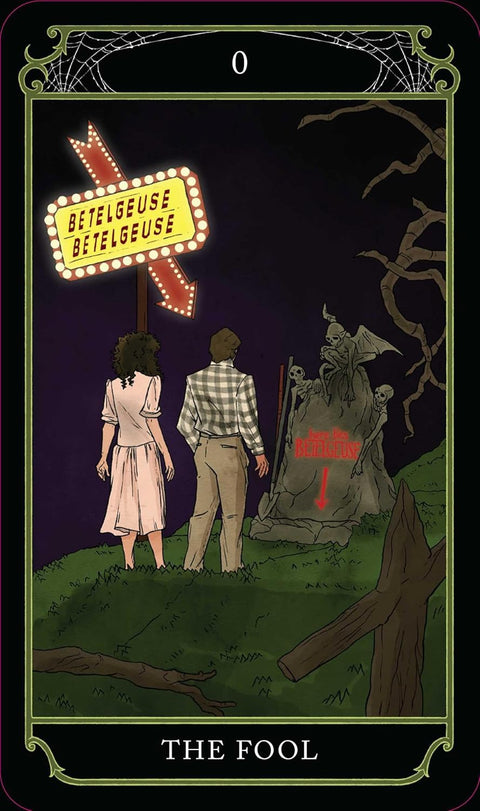 Tarot korta The Fool: iliustruota pora stovinti prie kapo su neonine „Betelgeuse“ lentele ir tamsiu dangumi