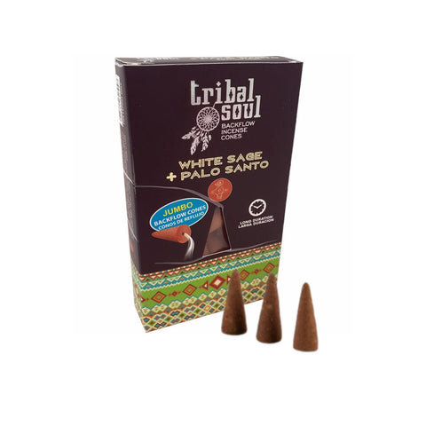 Smilkalų kūgeliai Tribal Soul White Sage + Palo Santo, jumbo backflow pakuotė priekinis kampas su trimis kūgeliais