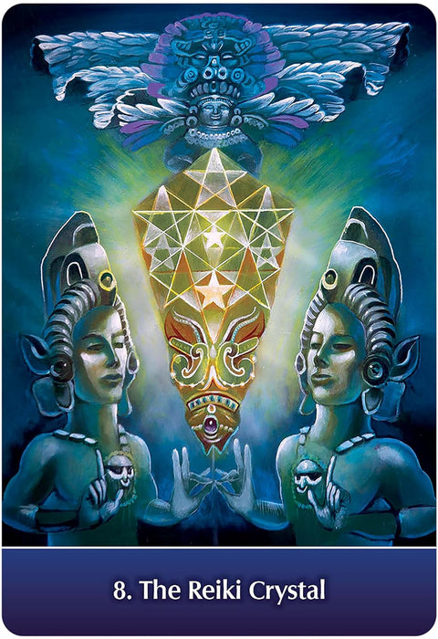 Reiki korta "The Reiki Crystal" — mistiška mėlyna korta su švytinčiu geometriniu kristalu centre ir dviem figūromis šonuose