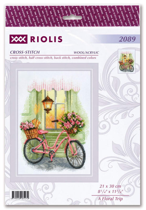 Kryželių rinkinys Riolis – rožinis dviratis su krepšiu gėlių, 21 × 30 cm modelis 2089, pakuotėje