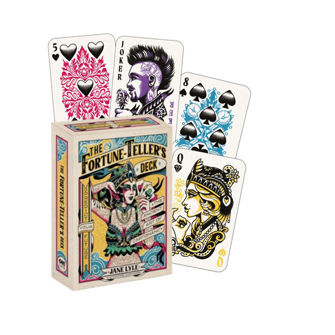 kortų kaladė The Fortune‑Teller's Deck (Jane Lyle) su spalvota retro dėže ir fanuotais iliustruotais kortų veidais