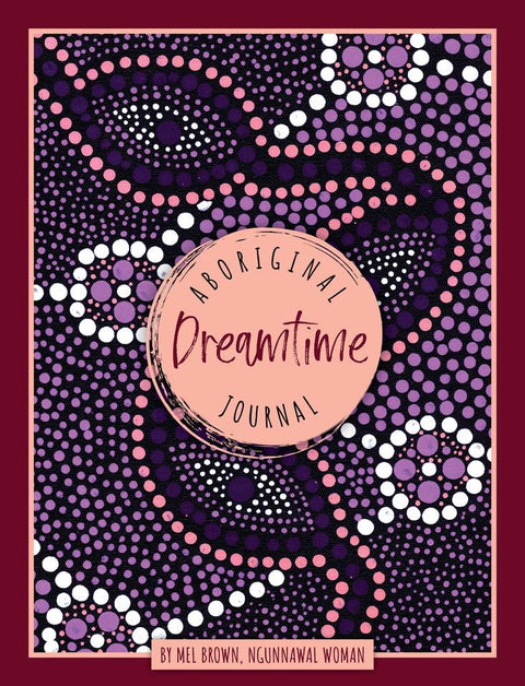 Svajonių dienoraštis — Mel Brown (Ngunnawal) viršelis su violetiniais, rožiniais ir baltais taškiniais aborigenų motyvais