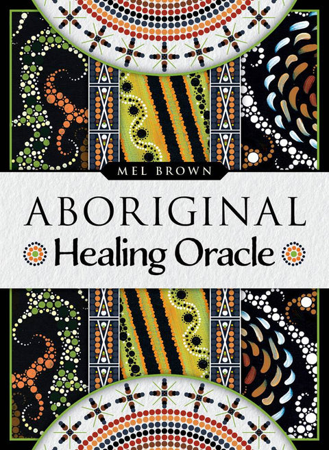 Orakulo kortos Aboriginal Healing Oracle — Mel Brown viršelis su ryškiais aborigenų taškiniais raštais