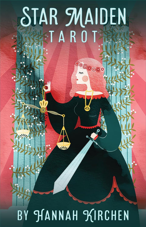 Star Maiden Tarot kortos su Hannah Kirchen viršeliu: rožinė ir turkio iliustracija, svarstyklės ir kardas