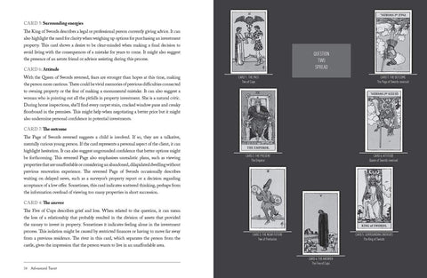 Tarot knyga — dviejų puslapių juodai baltas išklotas, rodantis septynių kortų „Question Two“ išdėstymą ir aiškinamąjį tekstą