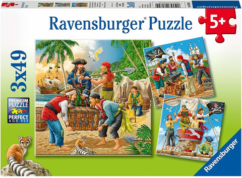 Dėlionė Ravensburger, 3×49 dalių rinkinys su keturiomis spalvingomis piratų scenomis, tinka 5+ vaikams