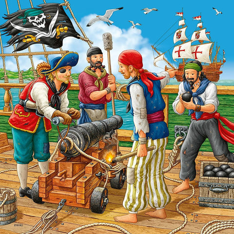 Dėlionė 1000 dalių su piratų laivu ir patranka ant denio, ryškios spalvos ir daug smulkių detalių