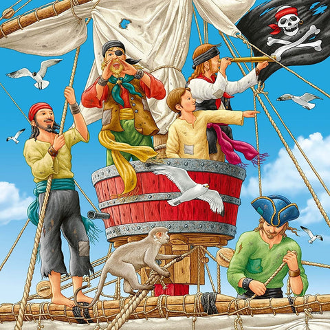 Dėlionė 1000 detalių 'Piratai' — spalvinga laivo viršūnės scena su beždžione, piratais ir skraidančiomis kregždėmis