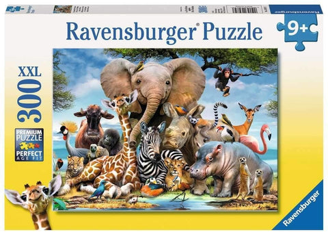 Dėlionė Ravensburger 300 XXL su spalvingu Afrikos gyvūnų koliažu, parodyta dėžutės priekinėje pusėje pardavimui
