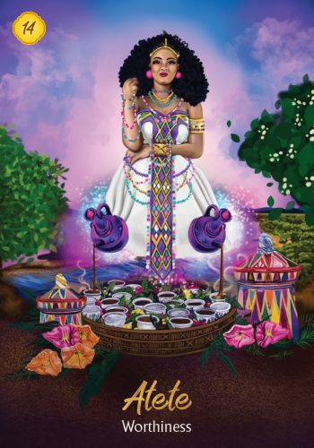 Atete korta, spalvinga visafigūrinė tarot korta su balta suknele, daugybe taurių ant stalo ir gėlių akcentais, tema „Worthiness“