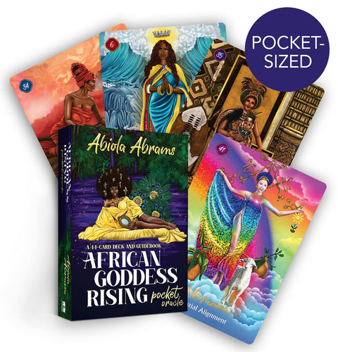 orakulo kortos Abiola Abrams "African Goddess Rising" kišeninis 44 kortų rinkinys su spalvingomis dievių iliustracijomis ir fanuotomis kortomis