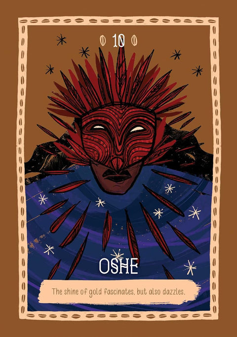 tarot korta Oshe, raudonos raižytos kaukės iliustracija ant mėlyno fono su aukso akcentais, vertikalus rėminis spaudas