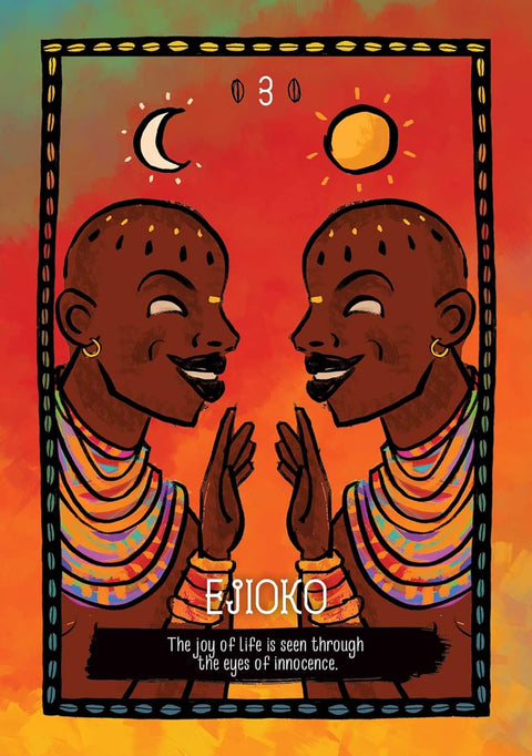 Tarot korta Ejioko su ryškia oranžine fone, dviem besišypsančiais atspindinčiais veidais, saule ir mėnuliu