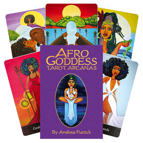 Tarot kortos Afro Goddess – violetinė dėžutė (Andrea Furtick) su atvertais, ryškiomis afro dievybių iliustracijomis ir kortų pavyzdžiais