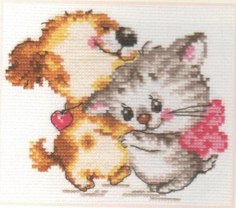 Siuvinėjimo rinkinys šuniukas ir katinėlis, minkštos rudos ir pilkos spalvos, su rožine širdele, 20×20 cm dekoracijai