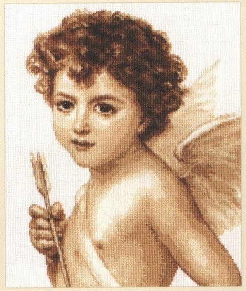Angeliukas paveikslas, sepijos tonų medžiaginė tapyba 30×40 cm, arti žiūrima trijų ketvirčių figūra su strėle