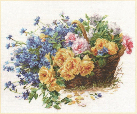 Siuvinėjimo rinkinys gėlių krepšelis su geltonomis rožėmis ir mėlynomis gėlėmis, detalus kryželių dizainas, 40×30 cm