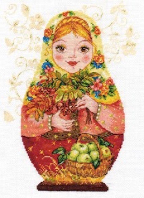 Kryželių rinkinys matrioshka su rudens puokšte ir obuolių krepšiu, ryškios geltonos ir raudonos spalvos, frontalus kampas