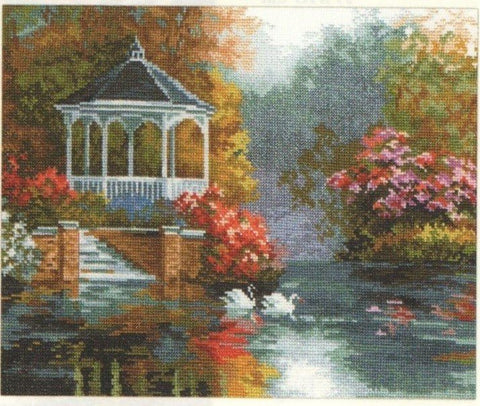Kryželių rinkinys: baigtas rudeninis peizažas su balta pavėsine ir ežeriuku, 30×40 cm demonstracinis variantas
