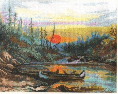 Kryželių rinkinys – saulėlydžio upė su kanoja, ryškios oranžinės ir mėlynos spalvos, 30×25 cm detalus variantas