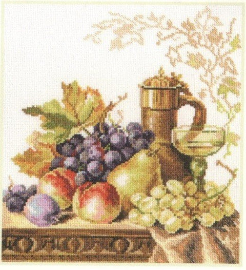 Siuvinėjimo rinkinys sodrių vynuogių ir obuolių natūraliomis spalvomis, retro stiliaus vaisių natiurmortas, 30×40 cm