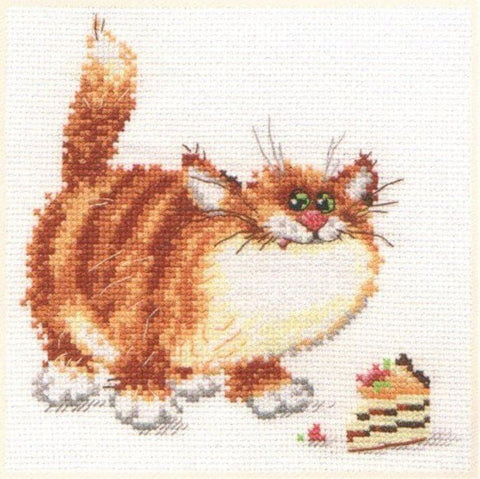 Kryželių rinkinys: oranžinė dryžuota katė su balta krūtine ir torto gabalėliu, 25×25 cm, smulkūs kryželiai