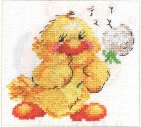 Siuvinėjimo rinkinys geltonas ančiukas laikantis baltą gvazdikėlį, smulkus kryželių dizainas 20×20 cm dydžiui