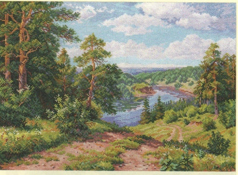 Drobė kraštovaizdžio motyvu (60×40 cm), rodanti pušyną ir vingiuojančią upę su matoma drobės tekstūra