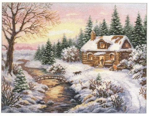 Kryželių rinkinys žieminė trobelė prie tekančio upelio saulėlydyje, pastelinės spalvos, 50×40 cm baigtas modelis
