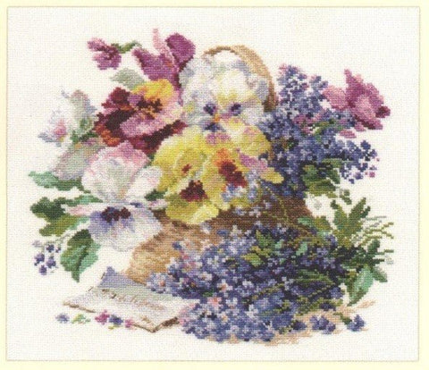 Kryželių rinkinys: spalvotas gėlių krepšelis su pansėmis ir alyvomis, 30×30 cm, priekio detalė