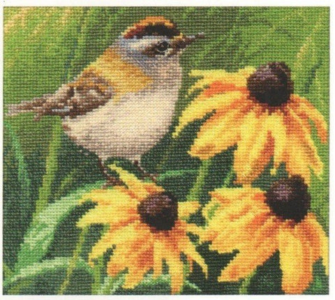 kryželių rinkinys su smulkiu paukščiu ir geltonomis rudbekijomis, 20×20 cm pavyzdys, parodyta siuvinėjimo spalvų schema