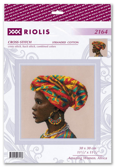 Kryželių rinkinys Riolis 30×30 cm — Afrikos moters profilis su ryškiu raštuotu galvos šaliu ir papuošalais