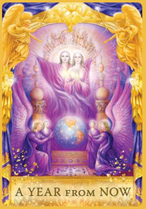 Plakatas A Year From Now violetinis su auksu, 30×45 cm, dvasinė prognozė su angeliškais motyvais